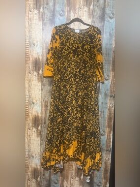 Floral Vine Maxi Dress in Mustard and Black - Women's Elegant Boho
